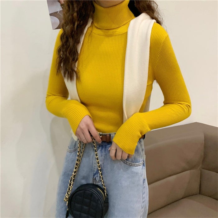 Early Autumn New Black High Neck Knitted Base Shirt Winter Womens Sweater Slim-fit All-match Outer Wear Clothes Bright yellow