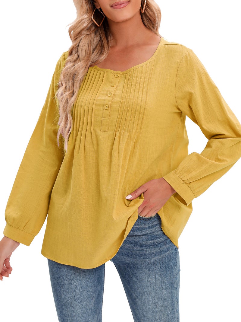 Casual Women Cotton Blouse O-Neck Long Sleeve Button Solid Loose Tee Shirt Tops - Image 1