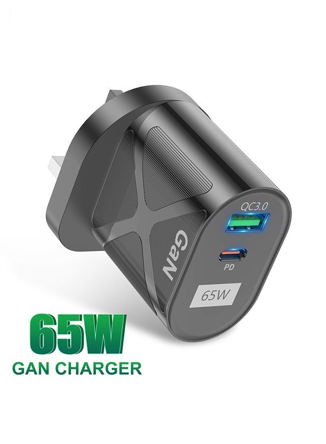 65W GaN Phone Tablet Wall Charger Laptop Adapter with QC3.0 USB and PD33W Type C-Universal UK Fast Charging Portable Plug Socket with Multi-function Protection for Apple Huawei Xiaomi Samsung, Black