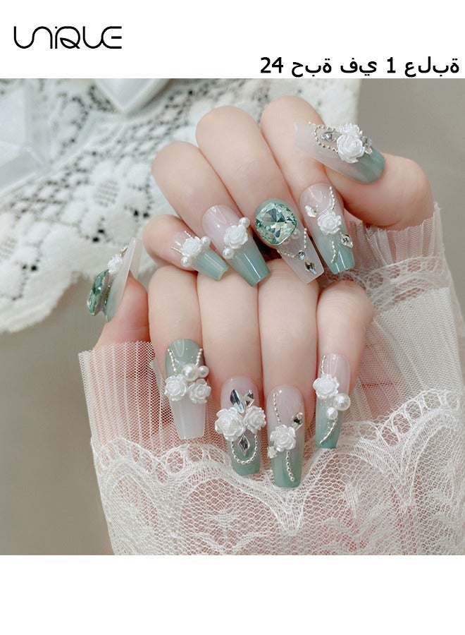Unique 24Pcs Fake Nails, Press Nails, Mid-length Ballet Manicure - Gradient Green Diamond Manicure - Three-dimensional White Rose Green Diamond Manicure - Fake Nail Patch - Image 1