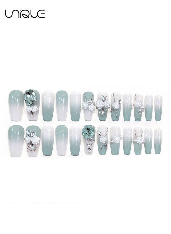 Unique 24Pcs Fake Nails, Press Nails, Mid-length Ballet Manicure - Gradient Green Diamond Manicure - Three-dimensional White Rose Green Diamond Manicure - Fake Nail Patch - Image 4