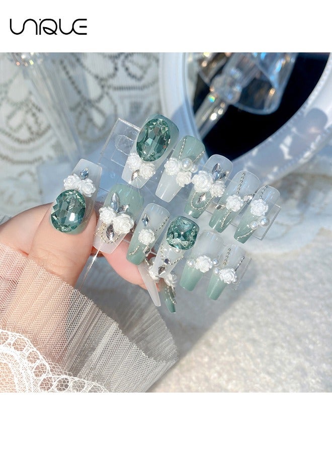 Unique 24Pcs Fake Nails, Press Nails, Mid-length Ballet Manicure - Gradient Green Diamond Manicure - Three-dimensional White Rose Green Diamond Manicure - Fake Nail Patch - Image 2