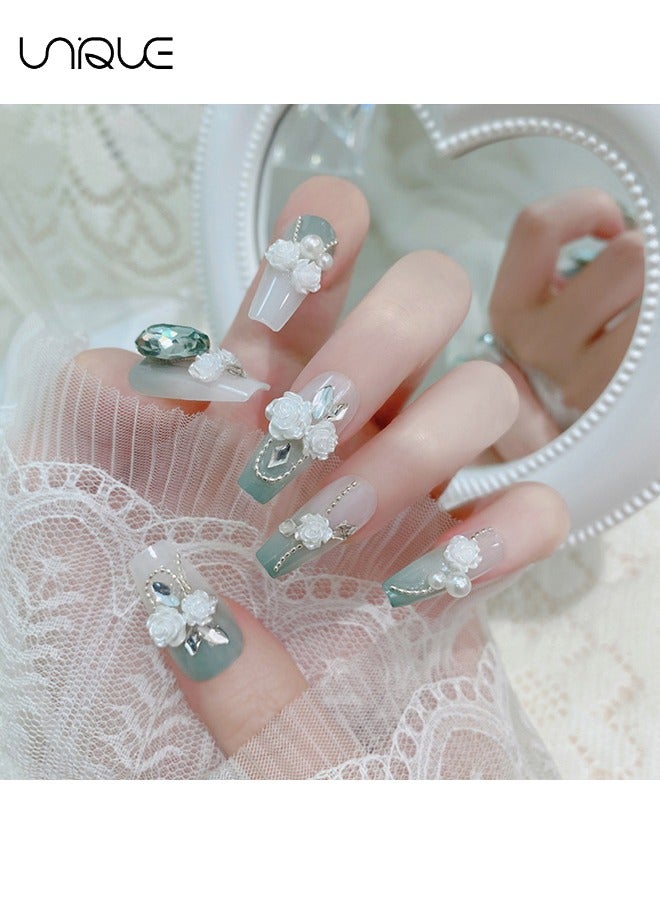 Unique 24Pcs Fake Nails, Press Nails, Mid-length Ballet Manicure - Gradient Green Diamond Manicure - Three-dimensional White Rose Green Diamond Manicure - Fake Nail Patch - Image 3