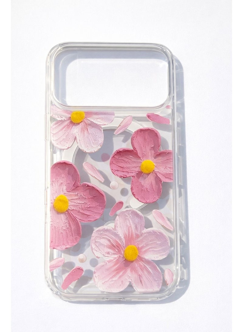 غطاء حماية شفاف مزخرف بالورود لآيفون 17 برو ماكس – يدعم MagSafe بتصميم أنيق وخفيف الوزن
