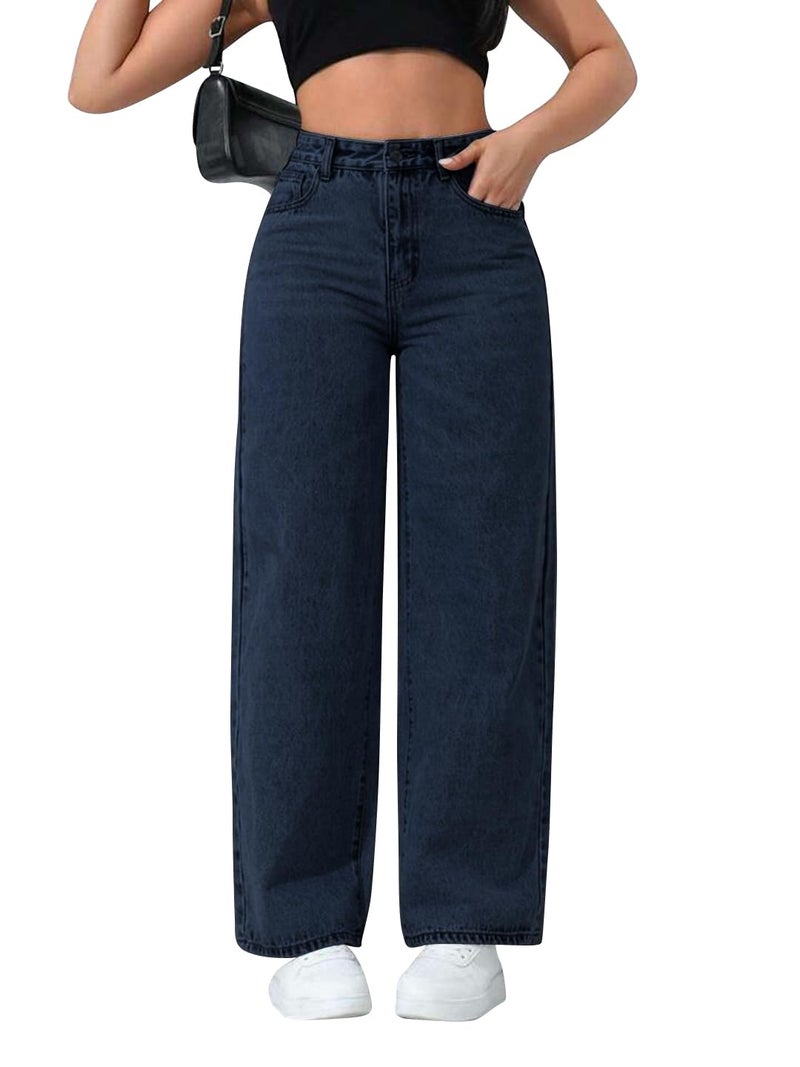 CHKOKKO Women High Rise Denim Solid Regular Fit Jeans Navy 36 - Image 1