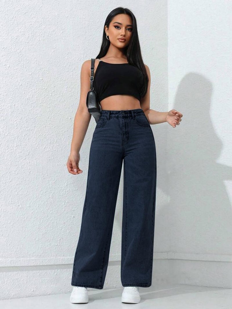 CHKOKKO Women High Rise Denim Solid Regular Fit Jeans Navy 36 - Image 5