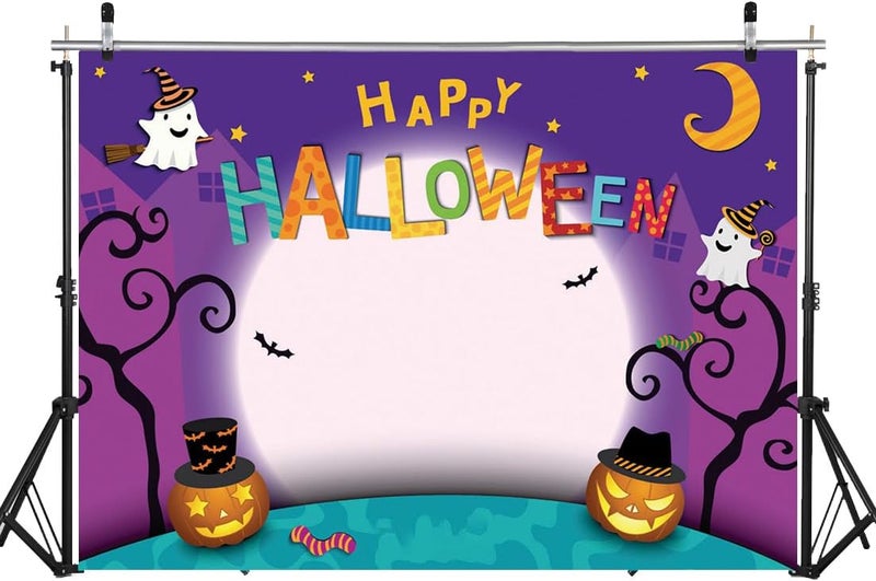 WOLADA Happy Halloween Backdrop Background Halloween Party Photo Decoration Banner Backdrop Cartoon Moon Pumpkin Background 15x10FT 11131 - Image 2