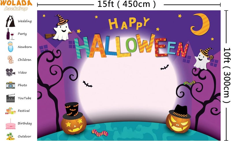 WOLADA Happy Halloween Backdrop Background Halloween Party Photo Decoration Banner Backdrop Cartoon Moon Pumpkin Background 15x10FT 11131 - Image 3