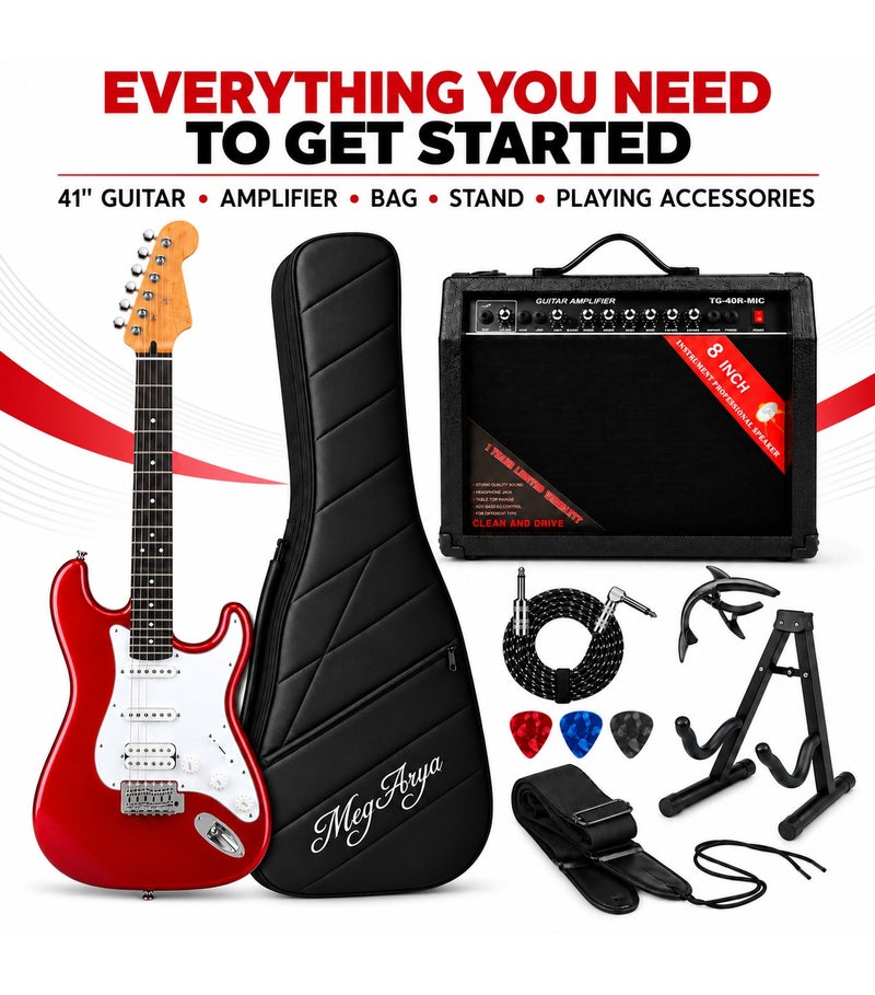MegArya 41-Inch Electric Guitar Combo with TG-40R-MIC Amplifier, Gig Bag, Floor Stand, Capo, 3 Picks, Cable & Strap, Red 6-String HSS-Style Guitar Starter Set - Image 1