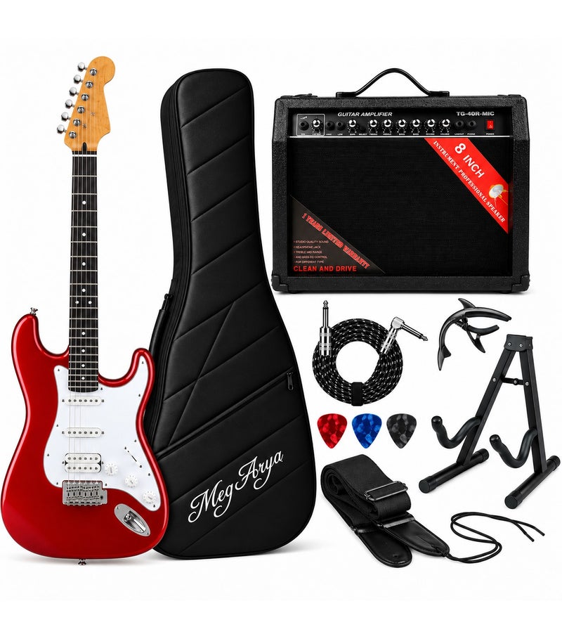 MegArya 41-Inch Electric Guitar Combo with TG-40R-MIC Amplifier, Gig Bag, Floor Stand, Capo, 3 Picks, Cable & Strap, Red 6-String HSS-Style Guitar Starter Set - Image 2