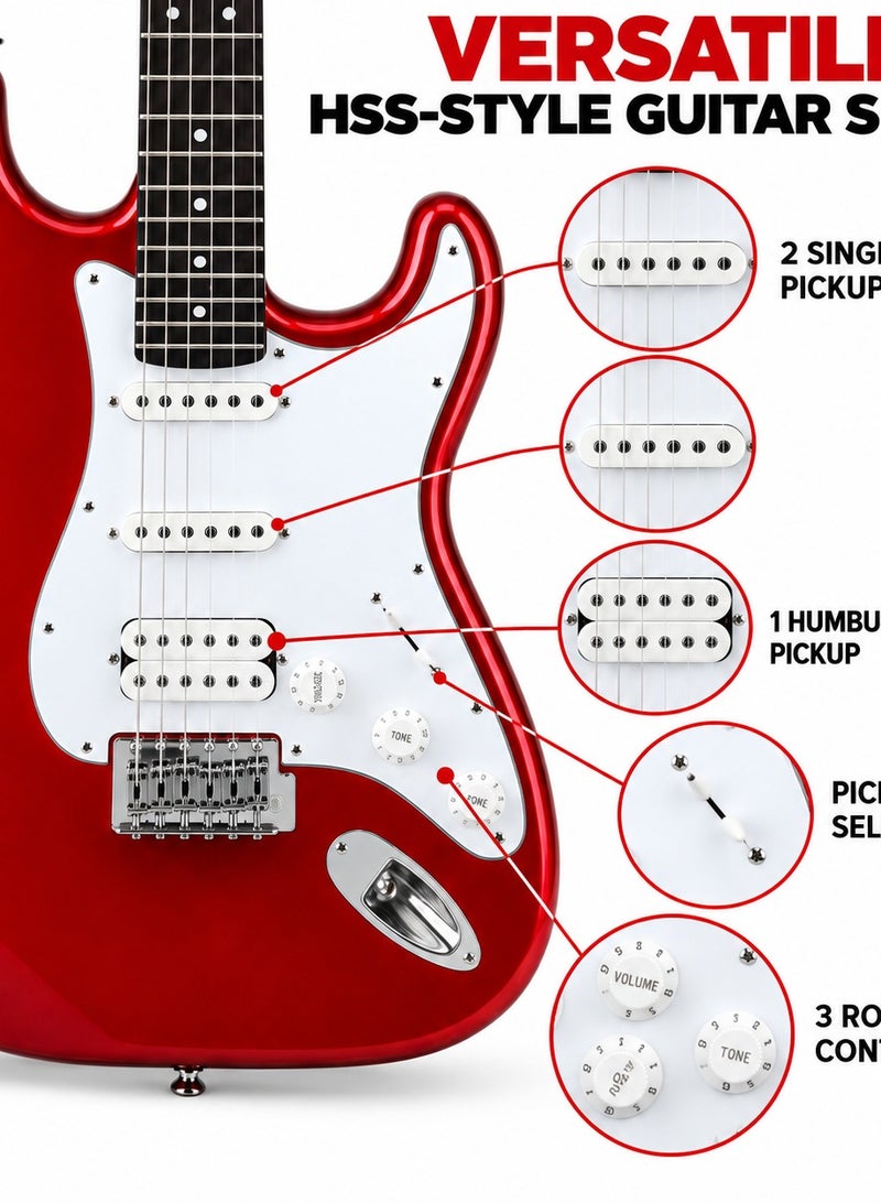 MegArya 41-Inch Electric Guitar Combo with TG-40R-MIC Amplifier, Gig Bag, Floor Stand, Capo, 3 Picks, Cable & Strap, Red 6-String HSS-Style Guitar Starter Set - Image 3