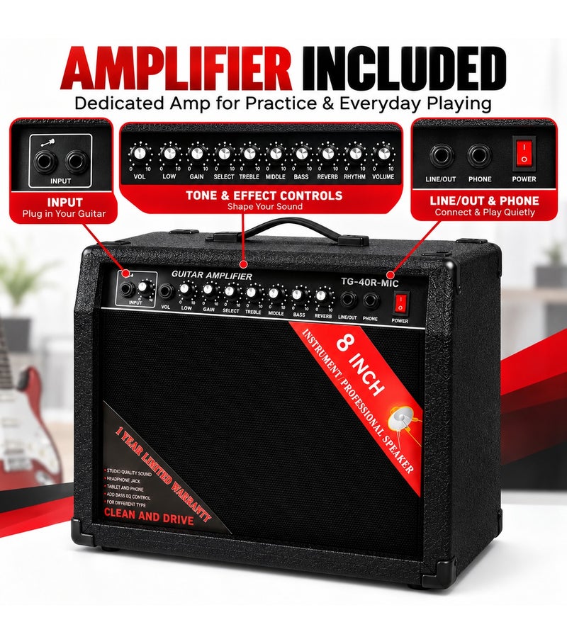 MegArya 41-Inch Electric Guitar Combo with TG-40R-MIC Amplifier, Gig Bag, Floor Stand, Capo, 3 Picks, Cable & Strap, Red 6-String HSS-Style Guitar Starter Set - Image 4