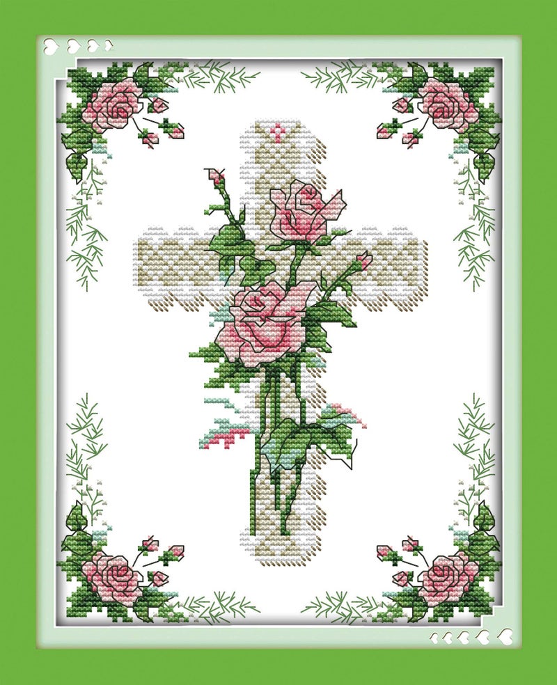 ITSTITCH Printed Cross Stitch Kits 11CT 10X14 inch 100% Cotton Holiday Gift DIY Embroidery Starter Kits Easy Patterns Embroidery for Adults Crafts DMC Stamped Cross-Stitch Supplies Needlework The Cross Rose - Image 1