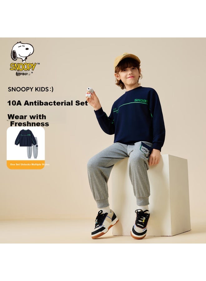 Snoopy Boys' Set Children's Sweatshirt And Sweatpants Two-piece Pure Cotton Comfortable Vintage Sports Dark Blue - Image 1