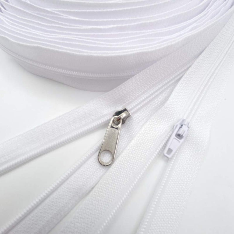 10Yards Bulk Zippers 3 Nylon Coil Zippers by The Yard with 15pcs AutoLock Zipper Sliders and 10pcs Silver Pulls for Sewing Crafts Bages3 White