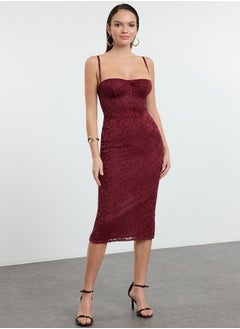 trendyol Burgundy Knitted Lined Lace Midi Dress TPRAW25EL00120  - Image 2