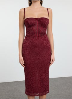 trendyol Burgundy Knitted Lined Lace Midi Dress TPRAW25EL00120  - Image 4
