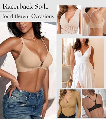 DEANGELMON Front Closure Bras for Women Racerback Bra No Underwire Seamless Push Up T-Shirts Bras Supportive Womens Bralettes(Skin,M) - Image 5