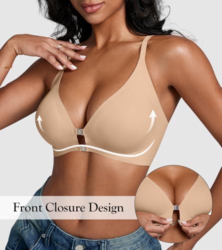 DEANGELMON Front Closure Bras for Women Racerback Bra No Underwire Seamless Push Up T-Shirts Bras Supportive Womens Bralettes(Skin,M) - Image 2