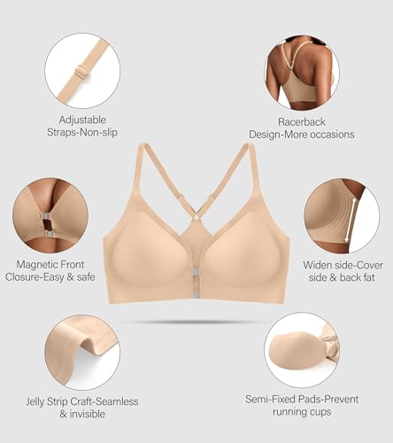 DEANGELMON Front Closure Bras for Women Racerback Bra No Underwire Seamless Push Up T-Shirts Bras Supportive Womens Bralettes(Skin,M) - Image 4