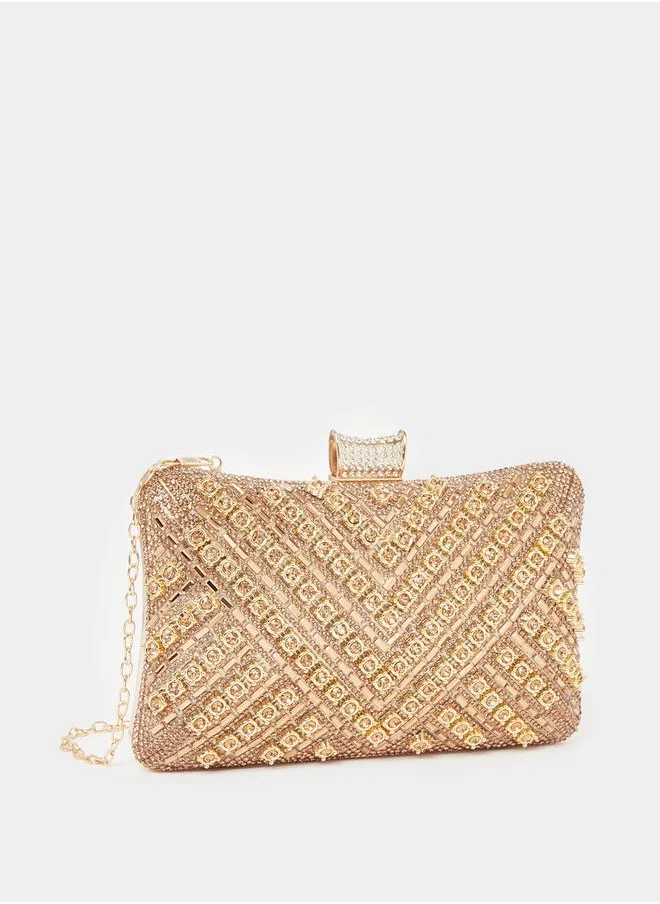 Styli Textured Embellished Clutch with Chain Strap