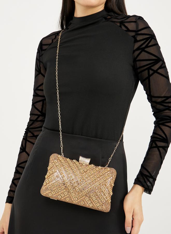 Styli Textured Embellished Clutch with Chain Strap - Image 3