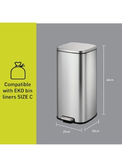 EKO Durable Stainless Steel Rectangular Pedal Bin Silver 30 L EK9384MT-30L  - Image 2