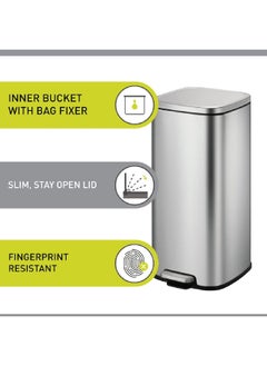 EKO Durable Stainless Steel Rectangular Pedal Bin Silver 30 L EK9384MT-30L  - Image 3