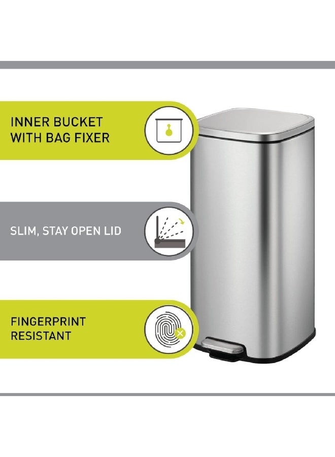 EKO Durable Stainless Steel Rectangular Pedal Bin Silver 30 L EK9384MT-30L - Image 3