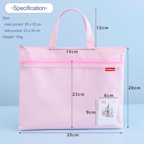 Pendancy Mesh Zipper Pouch 11x13.7 in, 2 pcs Large Double Pocket Waterproof File Bag with Handle, A4 Size Foldable Document Storage for Puzzle Project/Cross Stitch/Travel/Office（Green Pink） - Image 2