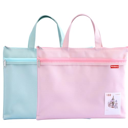 Pendancy Mesh Zipper Pouch 11x13.7 in, 2 pcs Large Double Pocket Waterproof File Bag with Handle, A4 Size Foldable Document Storage for Puzzle Project/Cross Stitch/Travel/Office（Green Pink） - Image 1