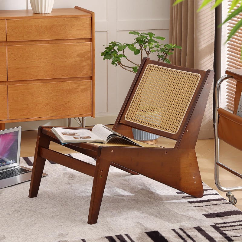 Welnow Mid Century Rattan Accent Chair, Bamboo Wood Lounge Chair with Woven Cane Backrest, Low Armchair for Living Room, Bedroom, Balcony or Reading Corner, Walnut - Image 1