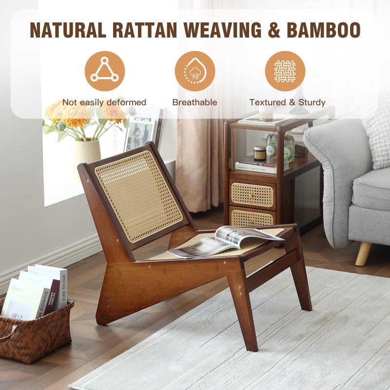 Welnow Mid Century Rattan Accent Chair, Bamboo Wood Lounge Chair with Woven Cane Backrest, Low Armchair for Living Room, Bedroom, Balcony or Reading Corner, Walnut - Image 4