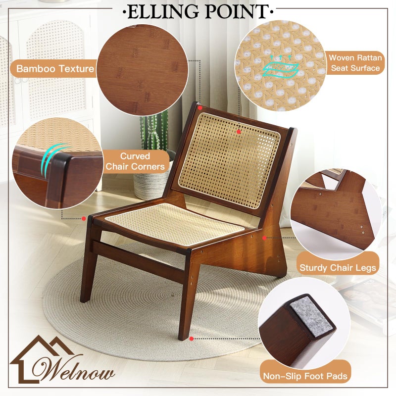 Welnow Mid Century Rattan Accent Chair, Bamboo Wood Lounge Chair with Woven Cane Backrest, Low Armchair for Living Room, Bedroom, Balcony or Reading Corner, Walnut - Image 2