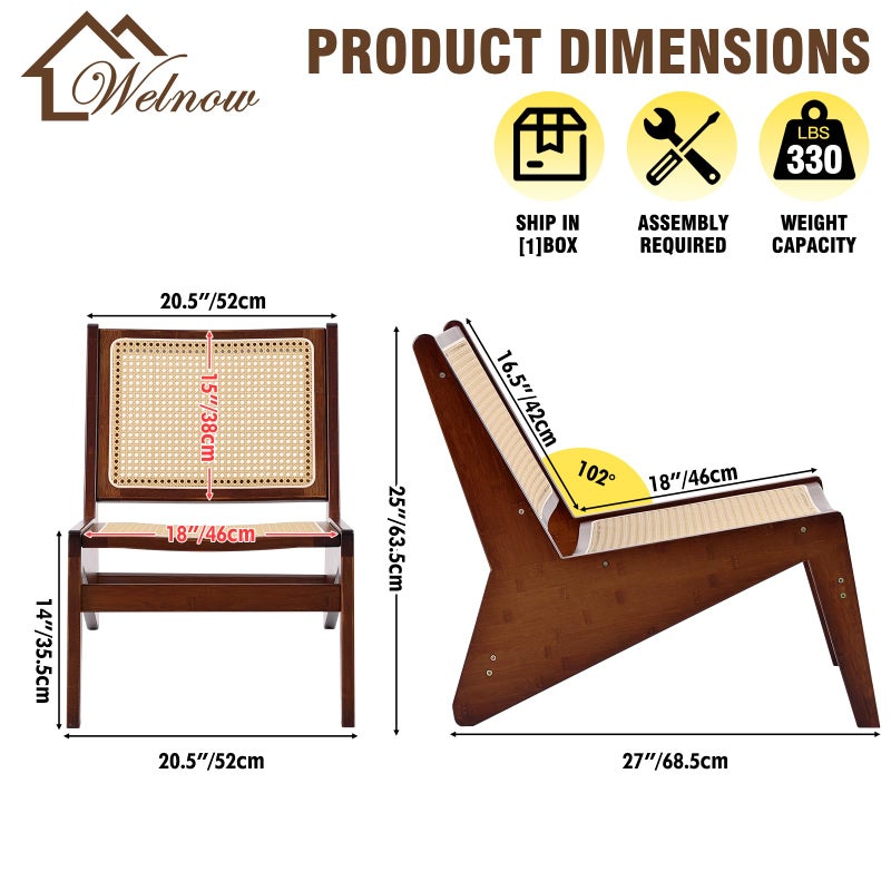 Welnow Mid Century Rattan Accent Chair, Bamboo Wood Lounge Chair with Woven Cane Backrest, Low Armchair for Living Room, Bedroom, Balcony or Reading Corner, Walnut - Image 3