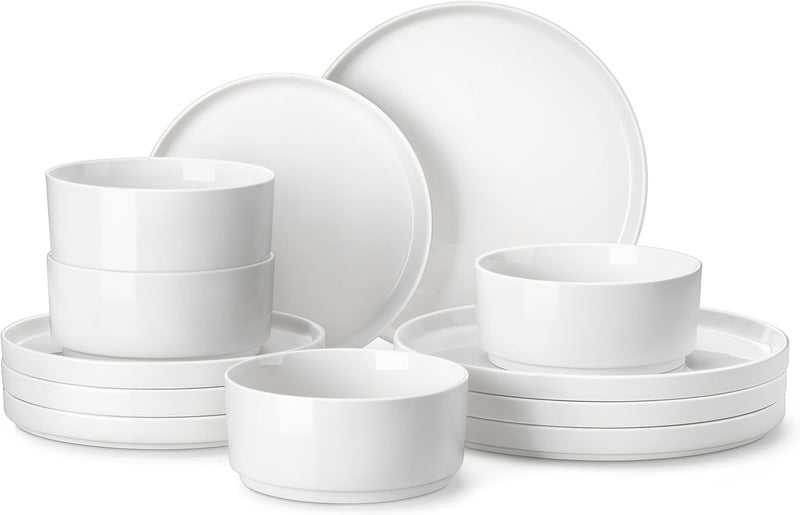 MALACASA 12 Pieces Porcelain Dinnerware Set Modern White Dish Set for 4 Premium Serving Plates and Bowls Sets Chip and Scratch Resistant Dishware Sets Kitchen Dishes Dining Ware Set Series LEAH - Image 1