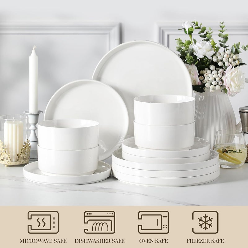 MALACASA 12 Pieces Porcelain Dinnerware Set Modern White Dish Set for 4 Premium Serving Plates and Bowls Sets Chip and Scratch Resistant Dishware Sets Kitchen Dishes Dining Ware Set Series LEAH - Image 4