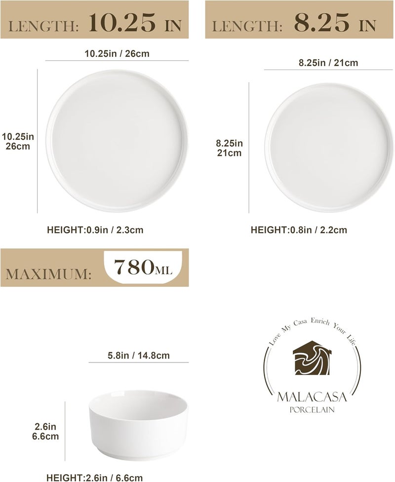 MALACASA 12 Pieces Porcelain Dinnerware Set Modern White Dish Set for 4 Premium Serving Plates and Bowls Sets Chip and Scratch Resistant Dishware Sets Kitchen Dishes Dining Ware Set Series LEAH - Image 2