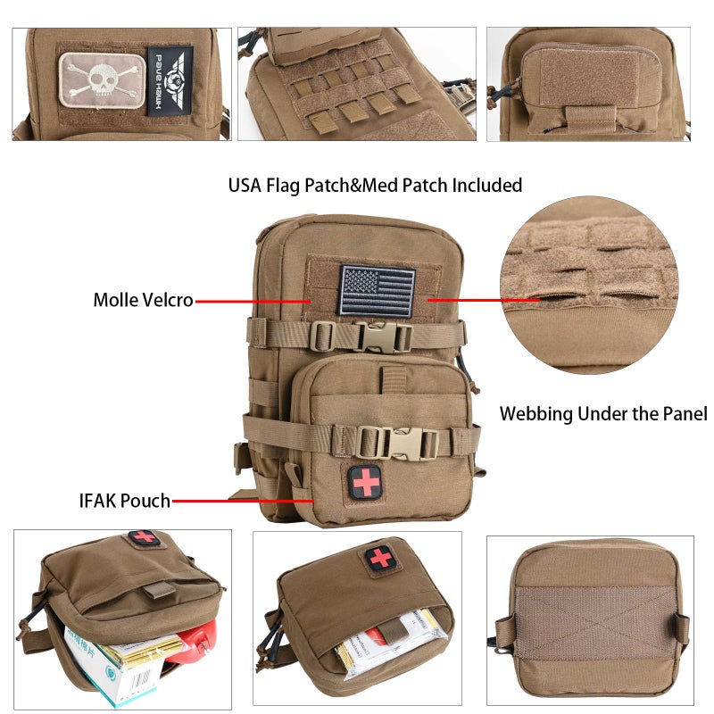 tactifans Tactical Mini Molle Hydration Pack,Molle Hydration Carrier with IFAK Pouch&US Flag&Med Patch,Hydropack for 2L Water Bladder (Coyote Brown) - Image 3