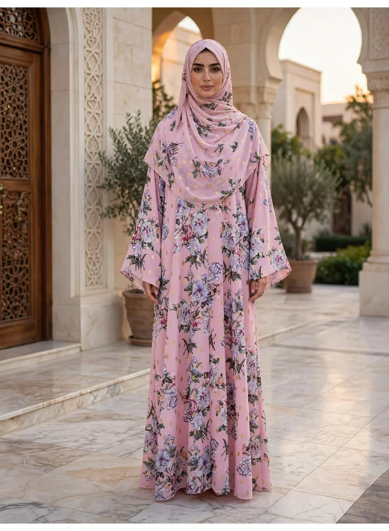 Elegant Floral Print Abaya with Bell Sleeves and Metallic Accents