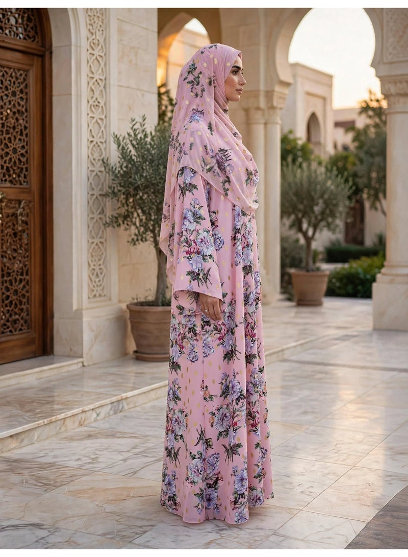 IKKXA Elegant Floral Print Abaya with Bell Sleeves and Metallic Accents - Image 5