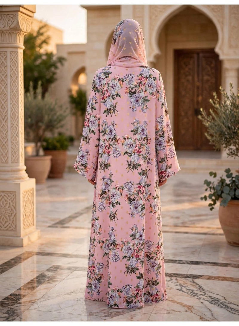IKKXA Elegant Floral Print Abaya with Bell Sleeves and Metallic Accents - Image 2