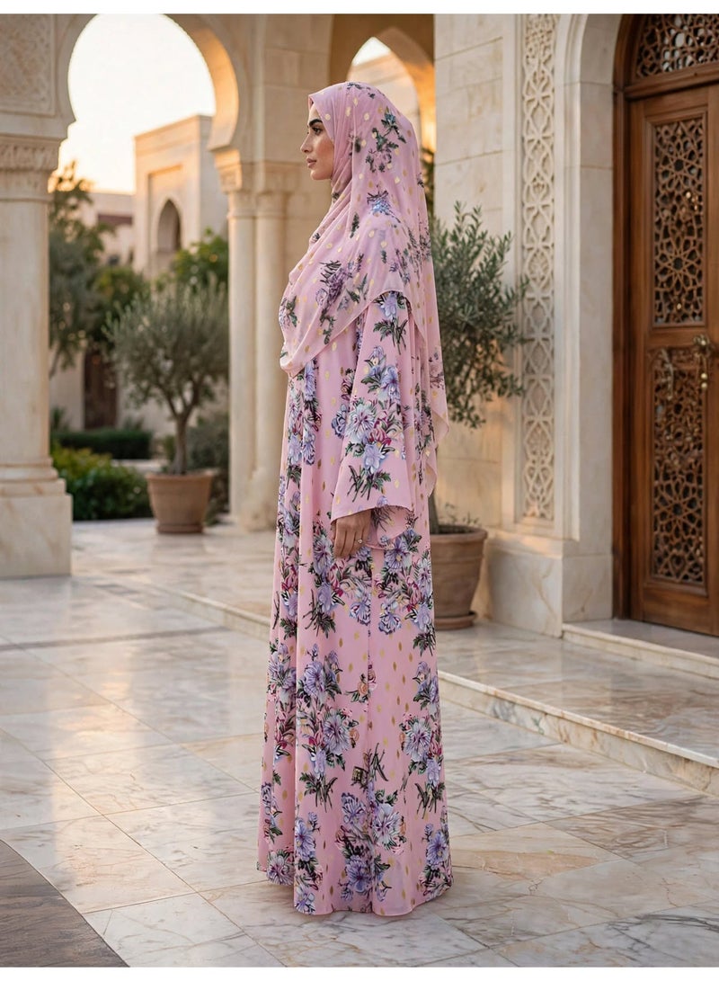 IKKXA Elegant Floral Print Abaya with Bell Sleeves and Metallic Accents - Image 4