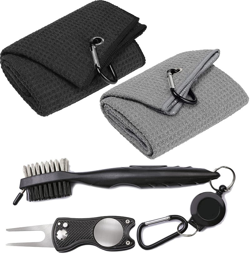 VIVIDLY 4Piece Golf Kit Microfiber Waffle Pattern Trifold Towel 16 x 24 Club Brush Divot Tool  Black Set