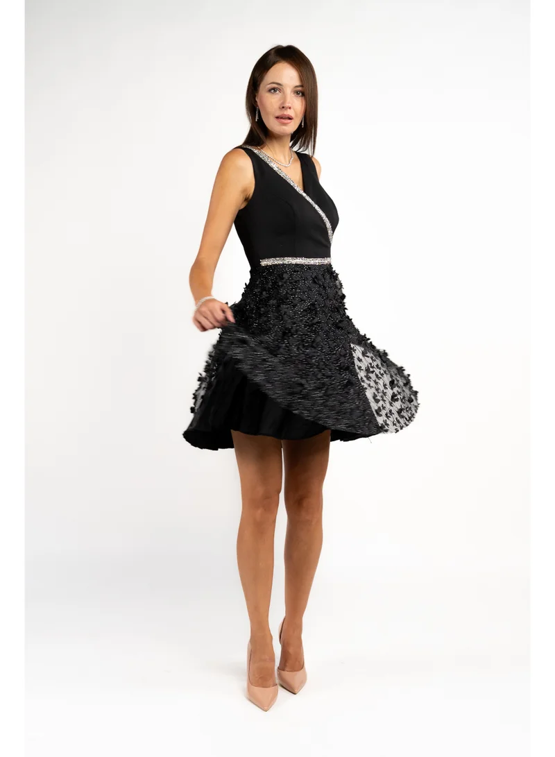Fashonara Black and Silver Cross Embossed Dress with A-Line Skirt