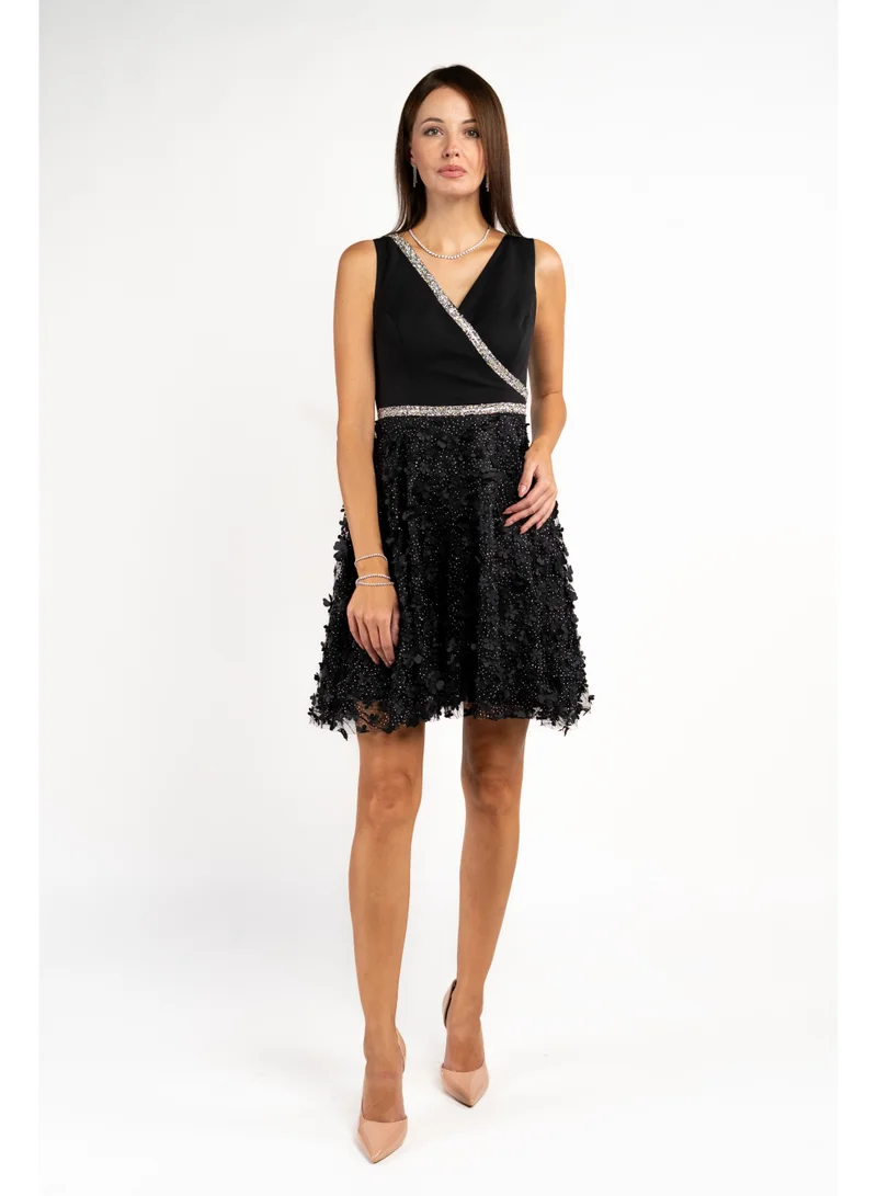 Black and Silver Cross Embossed Dress with A-Line Skirt