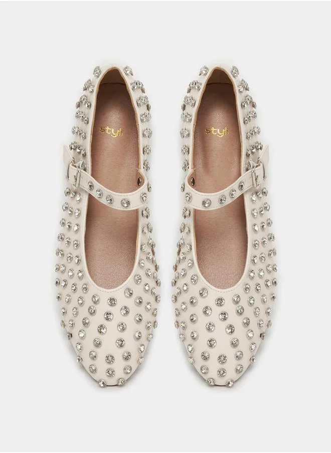 Styli Embellished Ballerina Shoes with Buckle Closure