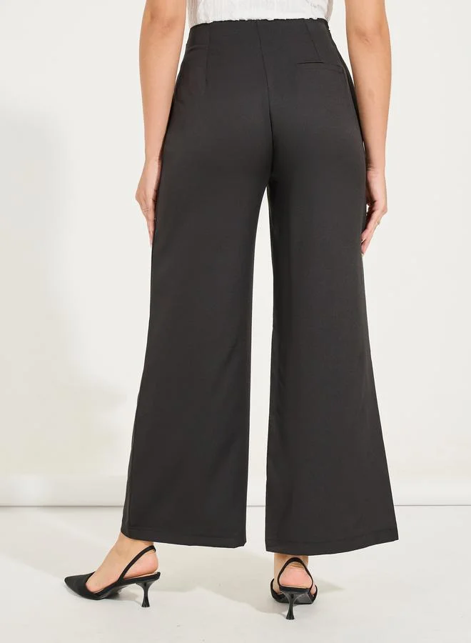 Styli Solid Wide Leg Ankle Length Trousers with Waist Latch Detailing