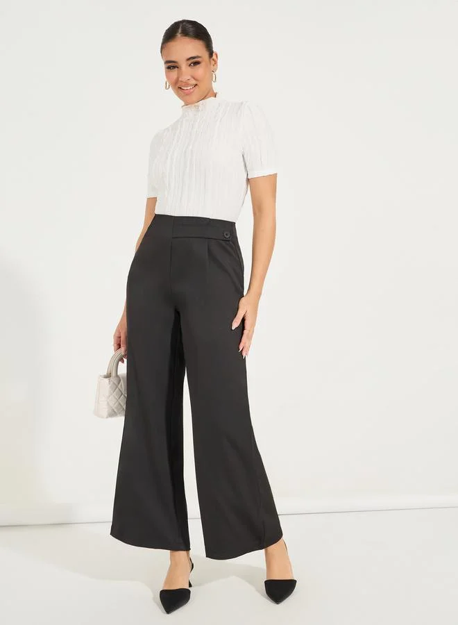 Styli Solid Wide Leg Ankle Length Trousers with Waist Latch Detailing