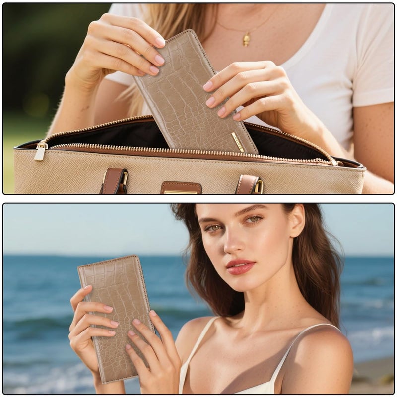 Simikol Wallet Women Bifold Faux Crocodile Leather Minimalist Slim Thin Long Wallets RFID Blocking Credit Cards Holder Purse with Back Zipper Coin Pocket for Women and Men, Khaki - Image 5